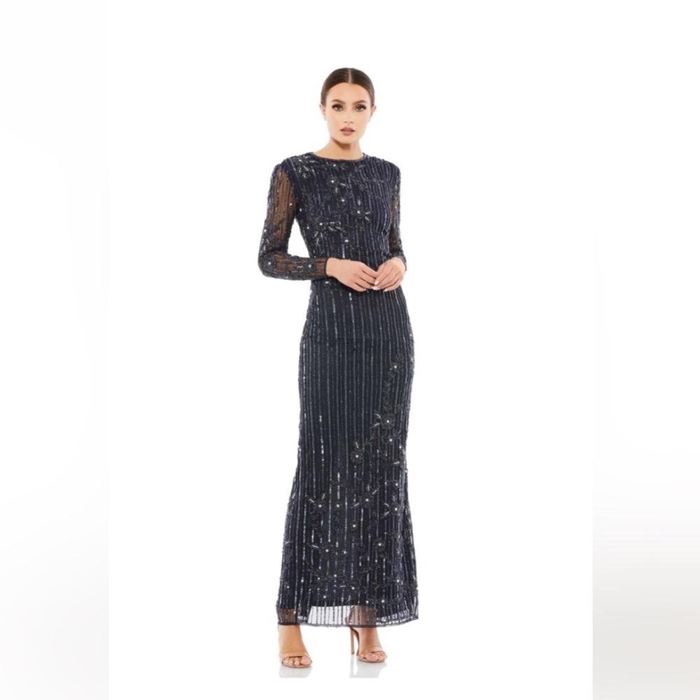 NWT $598 Mac Duggal Dark Blue Embellished High Neck Illusion sleeve gown